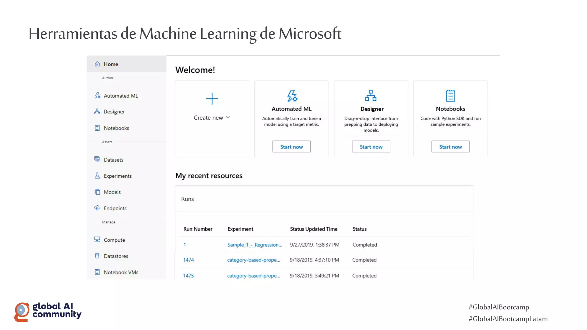 #GlobalAIBootcamp
#GlobalAIBootcampLatam
HerramientasdeMachineLearningdeMicrosoft
 