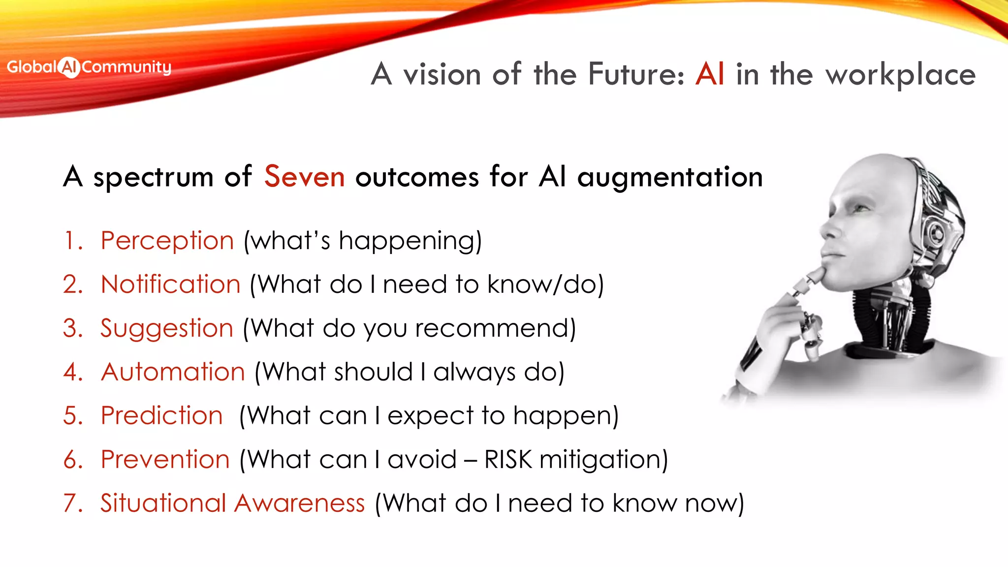 A vision of the Future: AI in the workplace
A spectrum of Seven outcomes for AI augmentation
1. Perception (what’s happening)
2. Notification (What do I need to know/do)
3. Suggestion (What do you recommend)
4. Automation (What should I always do)
5. Prediction (What can I expect to happen)
6. Prevention (What can I avoid – RISK mitigation)
7. Situational Awareness (What do I need to know now)
 