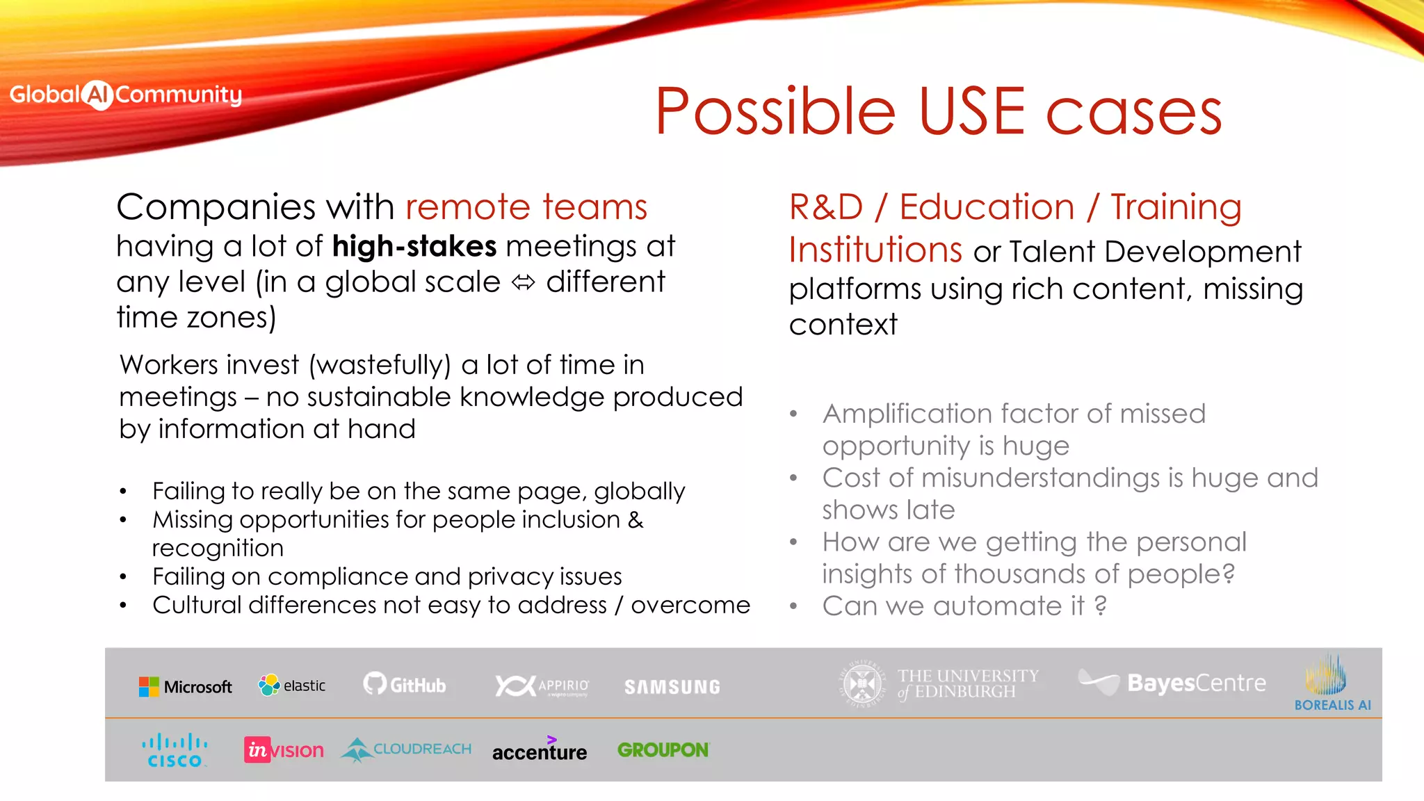 Companies with remote teams
having a lot of high-stakes meetings at
any level (in a global scale  different
time zones)
R&D / Education / Training
Institutions or Talent Development
platforms using rich content, missing
context
Workers invest (wastefully) a lot of time in
meetings – no sustainable knowledge produced
by information at hand
• Failing to really be on the same page, globally
• Missing opportunities for people inclusion &
recognition
• Failing on compliance and privacy issues
• Cultural differences not easy to address / overcome
• Amplification factor of missed
opportunity is huge
• Cost of misunderstandings is huge and
shows late
• How are we getting the personal
insights of thousands of people?
• Can we automate it ?
BOREALIS AI
Possible USE cases
 