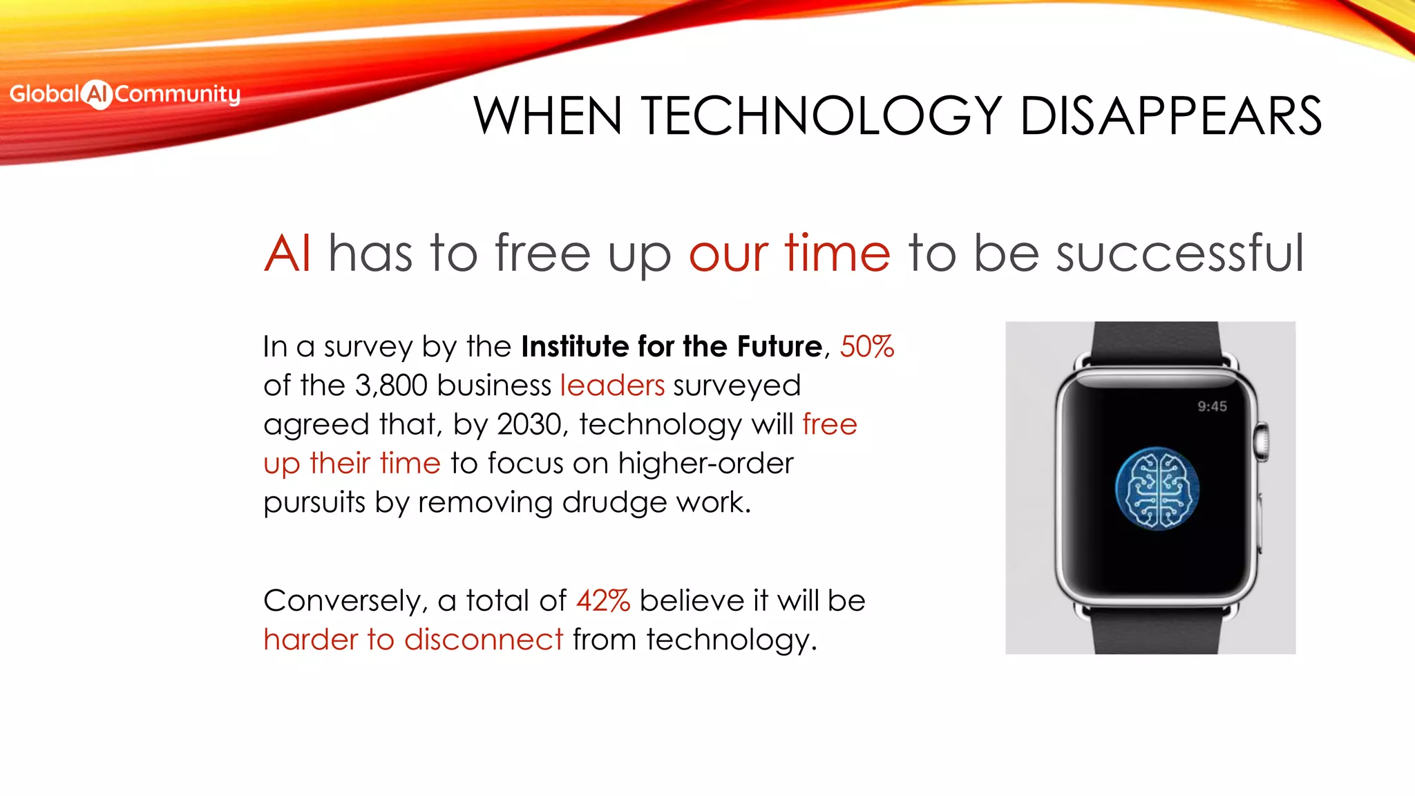 WHEN TECHNOLOGY DISAPPEARS
AI has to free up our time to be successful
In a survey by the Institute for the Future, 50%
of the 3,800 business leaders surveyed
agreed that, by 2030, technology will free
up their time to focus on higher-order
pursuits by removing drudge work.
Conversely, a total of 42% believe it will be
harder to disconnect from technology.
 