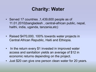 Charity: Water

• Served 17 countries ,1,439,600 people as of
  11.01.2010(bangladesh , central-african public, nepal,
  haithi, india, uganda, tanzania,etc)

• Raised $470,000, 100% towards water projects in
  Central African Republic, Haiti and Ethiopia.

•  In the return every $1 invested in improved water
  access and sanitation yields an average of $12 in
  economic returns depending on the project.
• Just $20 can give one person clean water for 20 years..
 