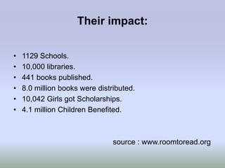Their impact:


•   1129 Schools.
•   10,000 libraries.
•   441 books published.
•   8.0 million books were distributed.
•   10,042 Girls got Scholarships.
•   4.1 million Children Benefited.



                                source : www.roomtoread.org
 