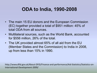 ODA to India, 1990-2008

• The main 15 EU donors and the European Commission
  (EC) together provided a total of $951 million: 45% of
  total ODA from all sources.
• Multilateral sources, such as the World Bank, accounted
  for $556 million, 26% of the total.
• The UK provided almost 65% of all aid from the EU
  (Member States and the Commission) to India in 2008,
  up from less than 15% in 1990.



http://www.dfid.gov.uk/About-DFID/Finance-and-performance/Aid-Statistics/Statistics-on-
International-Development-2009/
 