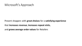 Microsoft’s Approach
Present shoppers with great choices for a satisfying experience
that increases revenue, increases repeat visits,
and grows average order value​s for Retailers
 