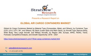 www.stratviewresearch.com Market Reports Advisory & Consulting Sourcing Intelligence
Presents a Research Report on
GLOBAL AIR CARGO CONTAINERS MARKET
Global Air Cargo Containers Market by Material Type (Composites, Metal, and Others), by Container Type
(LD3, LD 6, LD11, M1, and Others), By Deck (Lower Deck and Main Deck), by Aircraft Type (Narrow Body,
Wide Body, Very Large Aircraft, and Military Aircraft), by Region (NA, Europe, APAC, ROW), Trend,
Forecast, Competitive Analysis, and Growth Opportunity: 2016 – 2021
https://www.stratviewresearch.com/178/air-cargo-containers-market.html
sales@stratviewresearch.com
+1-313-307-4176
 