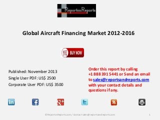 Global Aircraft Financing Market 2012-2016

Published: November 2013
Single User PDF: US$ 2500
Corporate User PDF: US$ 3500

Order this report by calling
+1 888 391 5441 or Send an email
to sales@reportsandreports.com
with your contact details and
questions if any.

© ReportsnReports.com / Contact sales@reportsandreports.com

1

 