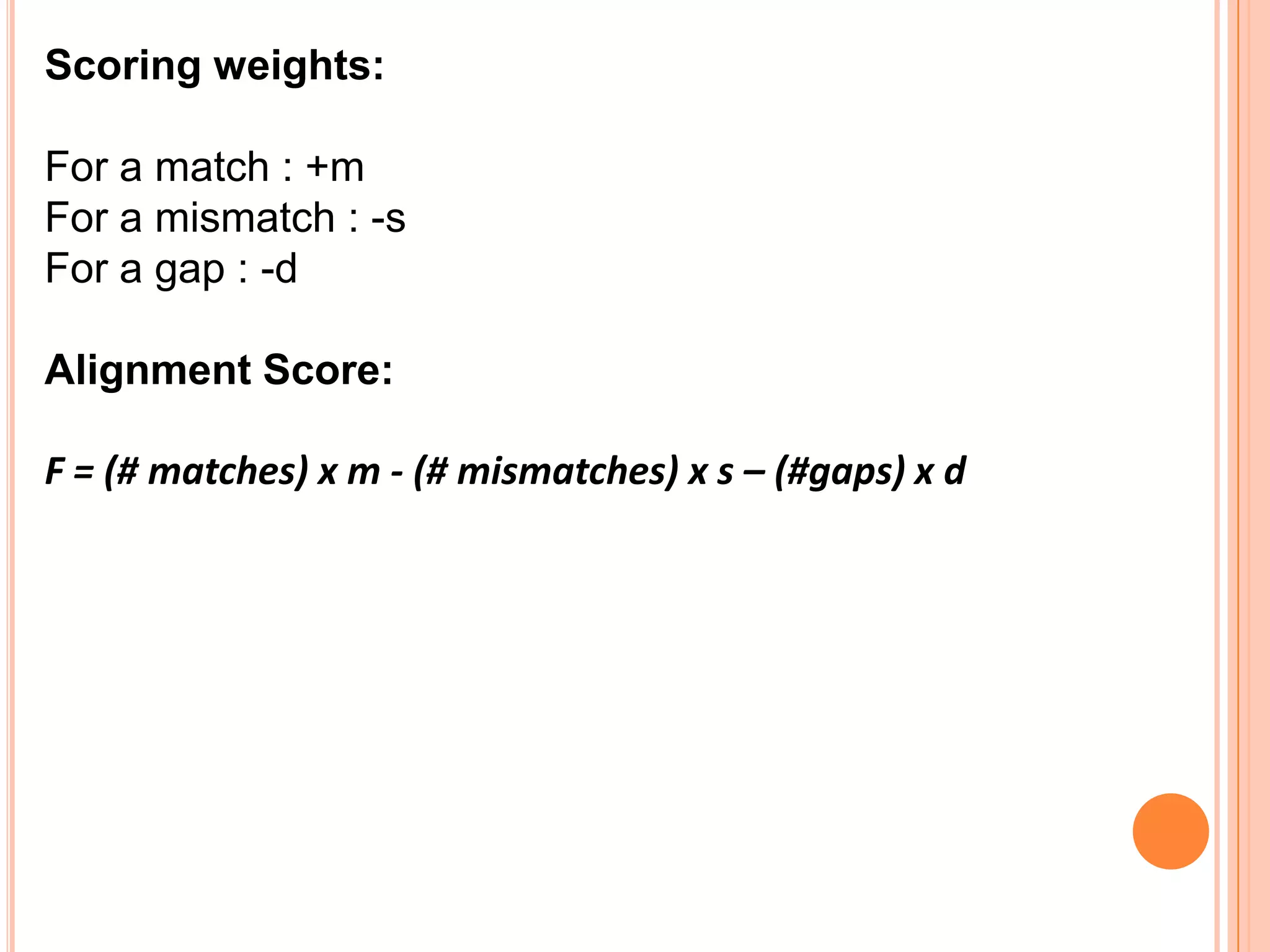 Scoring weights:

For a match : +m
For a mismatch : -s
For a gap : -d

Alignment Score:

F = (# matches) x m - (# mismatches) x s – (#gaps) x d
 