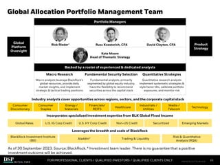 Backed by a roster of experienced & dedicated analysts
Macro Research
Macro analysts leverage BlackRock’s
global resources, provide daily
market insights, and implement
strategic & tactical trading positions
Fundamental Security Selection
Fundamental analysts, primarily
segmented by global equity industry,
have the flexibility to recommend
securities across the capital stack
Quantitative Strategies
Quantitative research analysts
implement systematic strategies &
style factor tilts, calibrate portfolio
exposures, and monitor risk
Global Allocation Portfolio Management Team
Leverages the breadth and scale of BlackRock
BlackRock Investment Institute
(BII)
Aladdin® Trading & Liquidity
Risk & Quantitative
Analysis (RQA)
Industry analysts cover opportunities across regions, sectors, and the corporate capital stack
Consumer
Discretionary
Consumer
Staples
Energy /
Materials
Financials/
REITS
Healthcare
Industrials /
Utilities
Media /
Telecom
Technology
Global
Platform
Oversight
Product
Strategy
Portfolio Managers
Rick Rieder* Russ Koesterich, CFA David Clayton, CFA
Kate Moore
Head of Thematic Strategy
Incorporates specialized investment expertise from BLK Global Fixed Income
Global Rates U.S. IG Corp Credit U.S. HY Corp Credit Non-US Credit Securitized Emerging Markets
FOR PROFESSIONAL CLIENTS / QUALIFIED INVESTORS / QUALIFIED CLIENTS ONLY
As of 30 September 2023. Source: BlackRock. * Investment team leader. There is no guarantee that a positive
investment outcome will be achieved.
10
FIM1023E/S-3176149-8/28
 