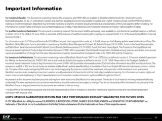 FOR PROFESSIONAL CLIENTS / QUALIFIED INVESTORS / QUALIFIED CLIENTS ONLY
Forinvestorsin Sweden:This documentis marketing material.The prospectusand PRIIPs KID are availableat BlackRock(Netherlands)B.V., Stockholm branch,
Malmskillnadsgatan32, 111 51 Stockholm,Swedenandalso from www.blackrock.com/seavailablein Swedish andEnglish. Investors shouldreadthe PRIIPs KID before
making an investment decision. BlackRockmay terminatemarketing at any time. Investors shouldunderstandallcharacteristics of the funds objectivebeforeinvesting. For
informationon investor rights and how to raise complaintsplease go to https://www.blackrock.com/corporate/compliance/investor-rightavailablein English.
Forqualifiedinvestorsin Switzerland: This documentis marketing material.This documentshall be exclusivelymade availableto, anddirectedat, qualifiedinvestors as defined
in Article10 (3) of the CISA of 23 June 2006, as amended,at the exclusionof qualifiedinvestors with an opting-out pursuant to Art. 5 (1) of the Swiss FederalAct on Financial
Services("FinSA").
For informationon art. 8 / 9 FinancialServicesAct (FinSA)andon your clientsegmentationunderart. 4 FinSA,please see the followingwebsite: www.blackrock.com/finsa.The
BlackRockGlobalAllocationFund is domiciledin Luxembourg.BlackRockAsset ManagementSchweizAG, Bahnhofstrasse 39, CH-8001 Zurich,is the Swiss Representative
and State StreetBank InternationalGmbH,Munich,Zurich Branch, Beethovenstrasse19, CH-8002 Zurich,the Swiss PayingAgent. The Prospectus,PackagedRetailand
Insurance-basedInvestment Products Key InformationDocument(PRIIPs KID) or equivalent,the Articlesof Incorporation,the latest and any previousannual and semi-annual
reports are availablefree of charge from the Swiss Representative.Investors shouldreadthe fund specificrisks in the PRIIPs KID and the Prospectus.
Forinvestorsin theNetherlands: This documentis marketingmaterial.BlackRockGlobalFunds ("BGF")is a UCITS(icbe)as definedin section 1:1 FinancialMarkets Supervision
Act (Wet op het financieeltoezicht; "FMSA"). BGFand its sub funds are listedin the register as definedin section 1:107 FMSA. Please referto the PackagedRetailand
Insurance-basedInvestmentProducts Key InformationDocument(PRIIPs KID)Essentiële-informatiedocument(Eid) for further informationabout BGFandits sub-funds. The
prospectusand EBI of BGFand its sub funds are availableon BlackRock's website www.BlackRock.nl. Availablein Dutchand English All financialinvestmentscontaina certain
risk. The value of the assets managedby BGFand its sub-funds may greatly fluctuateas a resultof the investment policyand your initialinvestment is not guaranteed.
BlackRockmay terminatemarketing at any time. Investors shouldunderstandallcharacteristicsof the funds objectivebefore investing. For informationon investor rights and
how to raise complaintsplease go to https://www.blackrock.com/corporate/compliance/investor-rightavailablein English and Dutch..
Any researchin this documenthas beenprocuredand may have been actedon by BlackRockfor its own purpose.The results of such research are being made availableonly
incidentally.The views expresseddo not constitute investment or any otheradvice and are subject to change.They do not necessarilyreflectthe views of any companyin the
BlackRockGroupor any part thereof and no assurances aremadeas to theiraccuracy.
This documentis for informationpurposesonly and does not constitute an offer or invitation to anyone to invest in any BlackRockfunds and has not been preparedin
connectionwith any such offer.
UCITS HAVE NO GUARANTEED RETURN AND PAST PERFORMANCE DOES NOT GUARANTEE THE FUTURE ONES.
© 2023BlackRock,Inc.All Rightsreserved.BLACKROCK,BLACKROCKSOLUTIONS, iSHARES,BUILDON BLACKROCKandSOWHATDOI DOWITHMYMONEYare
trademarksof BlackRock,Inc.orits subsidiariesin theUnitedStatesandelsewhere.All othertrademarksarethoseof their respectiveowners.
Important Information
GA_A
30
FIM1023E/S-3176149-28/28
 