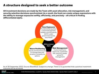 A structure designed to seek a better outcome
All investment decisions are made by the Team with asset allocation, risk management, and
security selection decisions synchronized. As a result, the fund can create unique expressions with
the ability to manage exposures swiftly, efficiently, and precisely – all critical in finding
differentiated alpha.
7
Risk Management
Customized factor
exposures, systematic
tilts, precious metals,
active FX
management
Differentiated
Alpha
Macro Positioning
Equity and bond futures
to manage beta and
duration, convexity via
options
Core Exposures
Fundamental equities,
customized thematic
baskets, pre-IPO equity,
IG/HY credit,
government bonds,
securitized
As of 30 September 2023. Source: BlackRock. Subject to change. There is no guarantee that a positive investment
outcome will be achieved.
FOR PROFESSIONAL CLIENTS / QUALIFIED INVESTORS / QUALIFIED CLIENTS ONLY FIM1023E/S-3176149-5/28
 
