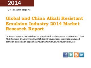 2014
QY Research Reports
Global and China Alkali Resistant
Emulsion Industry 2014 Market
Research Report
QY Research Reports included market size, share & analysis trends on Global and China
Alkali Resistant Emulsion Industry 2014 also introduced basic information included
definition classification application industry chain structure industry overview
 