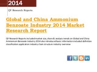 2014
QY Research Reports

Global and China Ammonium
Benzoate Industry 2014 Market
Research Report
QY Research Reports included market size, share & analysis trends on Global and China
Ammonium Benzoate Industry 2014 also introduced basic information included definition
classification application industry chain structure industry overview

 
