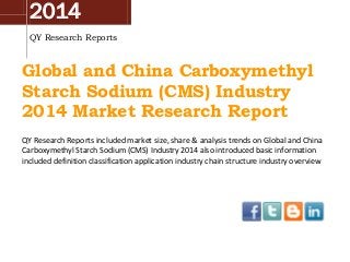 2014
QY Research Reports

Global and China Carboxymethyl
Starch Sodium (CMS) Industry
2014 Market Research Report
QY Research Reports included market size, share & analysis trends on Global and China
Carboxymethyl Starch Sodium (CMS) Industry 2014 also introduced basic information
included definition classification application industry chain structure industry overview

 