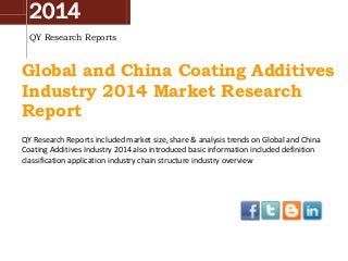 2014
QY Research Reports
Global and China Coating Additives
Industry 2014 Market Research
Report
QY Research Reports included market size, share & analysis trends on Global and China
Coating Additives Industry 2014 also introduced basic information included definition
classification application industry chain structure industry overview
 