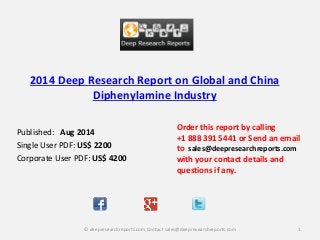 2014 Deep Research Report on Global and China
Diphenylamine Industry
Order this report by calling
+1 888 391 5441 or Send an email
to sales@deepresearchreports.com
with your contact details and
questions if any.
1© deepresearchreports.com Contact sales@deepresearchreports.com
Published: Aug 2014
Single User PDF: US$ 2200
Corporate User PDF: US$ 4200
 