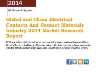 2014
QY Research Reports
Global and China Electrical
Contacts And Contact Materials
Industry 2014 Market Research
Report
QY Research Reports included market size, share & analysis trends on Global and China
Electrical Contacts And Contact Materials Industry 2014 also introduced basic information
included definition classification application industry chain structure industry overview
 