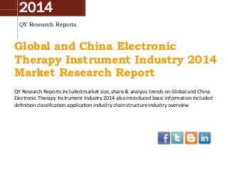 2014
QY Research Reports
Global and China Electronic
Therapy Instrument Industry 2014
Market Research Report
QY Research Reports included market size, share & analysis trends on Global and China
Electronic Therapy Instrument Industry 2014 also introduced basic information included
definition classification application industry chain structure industry overview
 