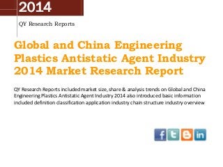 2014
QY Research Reports
Global and China Engineering
Plastics Antistatic Agent Industry
2014 Market Research Report
QY Research Reports included market size, share & analysis trends on Global and China
Engineering Plastics Antistatic Agent Industry 2014 also introduced basic information
included definition classification application industry chain structure industry overview
 