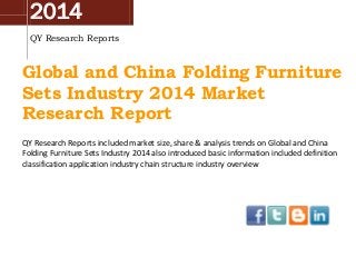 2014
QY Research Reports
Global and China Folding Furniture
Sets Industry 2014 Market
Research Report
QY Research Reports included market size, share & analysis trends on Global and China
Folding Furniture Sets Industry 2014 also introduced basic information included definition
classification application industry chain structure industry overview
 