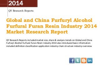 2014
QY Research Reports
Global and China Furfuryl Alcohol
Furfural Furan Resin Industry 2014
Market Research Report
QY Research Reports included market size, share & analysis trends on Global and China
Furfuryl Alcohol Furfural Furan Resin Industry 2014 also introduced basic information
included definition classification application industry chain structure industry overview
 