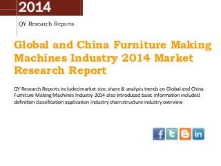 2014
QY Research Reports
Global and China Furniture Making
Machines Industry 2014 Market
Research Report
QY Research Reports included market size, share & analysis trends on Global and China
Furniture Making Machines Industry 2014 also introduced basic information included
definition classification application industry chain structure industry overview
 
