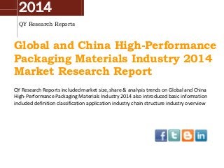 2014
QY Research Reports
Global and China High-Performance
Packaging Materials Industry 2014
Market Research Report
QY Research Reports included market size, share & analysis trends on Global and China
High-Performance Packaging Materials Industry 2014 also introduced basic information
included definition classification application industry chain structure industry overview
 
