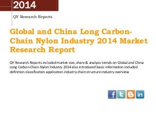 2014
QY Research Reports

Global and China Long CarbonChain Nylon Industry 2014 Market
Research Report
QY Research Reports included market size, share & analysis trends on Global and China
Long Carbon-Chain Nylon Industry 2014 also introduced basic information included
definition classification application industry chain structure industry overview

 