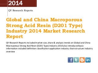2014
QY Research Reports
Global and China Macroporous
Strong Acid Resin (D201 Type)
Industry 2014 Market Research
Report
QY Research Reports included market size, share & analysis trends on Global and China
Macroporous Strong Acid Resin (D201 Type) Industry 2014 also introduced basic
information included definition classification application industry chain structure industry
overview
 