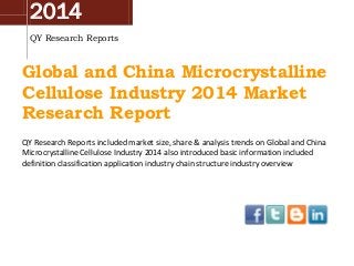2014
QY Research Reports

Global and China Microcrystalline
Cellulose Industry 2014 Market
Research Report
QY Research Reports included market size, share & analysis trends on Global and China
Microcrystalline Cellulose Industry 2014 also introduced basic information included
definition classification application industry chain structure industry overview

 