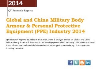2014
QY Research Reports
Global and China Military Body
Armour & Personal Protective
Equipment (PPE) Industry 2014
QY Research Reports included market size, share & analysis trends on Global and China
Military Body Armour & Personal Protective Equipment (PPE) Industry 2014 also introduced
basic information included definition classification application industry chain structure
industry overview
 