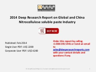 2014 Deep Research Report on Global and China
Nitrocellulose soluble paste Industry

Published: Feb 2014
Single User PDF: US$ 2200
Corporate User PDF: US$ 4200

Order this report by calling
+1 888 391 5441 or Send an email
to
sales@deepresearchreports.com
with your contact details and
questions if any.

© DeepResearchReports / Contact sales@deepresearchreports.com

1

 