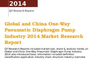 Global and China One­Way 
Pneumatic Diaphragm Pump 
Industry 2014 Market Research 
Report
QY Research Reports included market size, share & analysis trends on
Global and China One-Way Pneumatic Diaphragm Pump Industry
2014 also introduced basic information included definition
classification application industry chain structure industry overview
2014
QY Research Reports
 