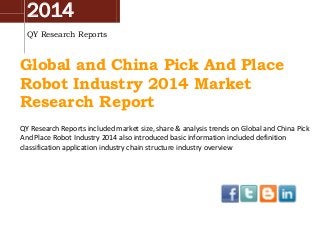 2014
QY Research Reports

Global and China Pick And Place
Robot Industry 2014 Market
Research Report
QY Research Reports included market size, share & analysis trends on Global and China Pick
And Place Robot Industry 2014 also introduced basic information included definition
classification application industry chain structure industry overview

 