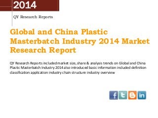 2014
QY Research Reports
Global and China Plastic
Masterbatch Industry 2014 Market
Research Report
QY Research Reports included market size, share & analysis trends on Global and China
Plastic Masterbatch Industry 2014 also introduced basic information included definition
classification application industry chain structure industry overview
 