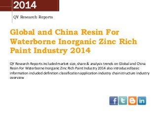 2014
QY Research Reports
Global and China Resin For
Waterborne Inorganic Zinc Rich
Paint Industry 2014
QY Research Reports included market size, share & analysis trends on Global and China
Resin For Waterborne Inorganic Zinc Rich Paint Industry 2014 also introduced basic
information included definition classification application industry chain structure industry
overview
 