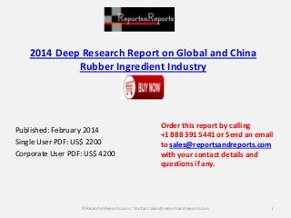 2014 Deep Research Report on Global and China
Rubber Ingredient Industry

Published: February 2014
Single User PDF: US$ 2200
Corporate User PDF: US$ 4200

Order this report by calling
+1 888 391 5441 or Send an email
to sales@reportsandreports.com
with your contact details and
questions if any.

© ReportsnReports.com / Contact sales@reportsandreports.com

1

 