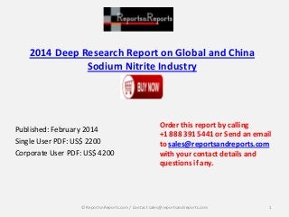 2014 Deep Research Report on Global and China
Sodium Nitrite Industry

Published: February 2014
Single User PDF: US$ 2200
Corporate User PDF: US$ 4200

Order this report by calling
+1 888 391 5441 or Send an email
to sales@reportsandreports.com
with your contact details and
questions if any.

© ReportsnReports.com / Contact sales@reportsandreports.com

1

 
