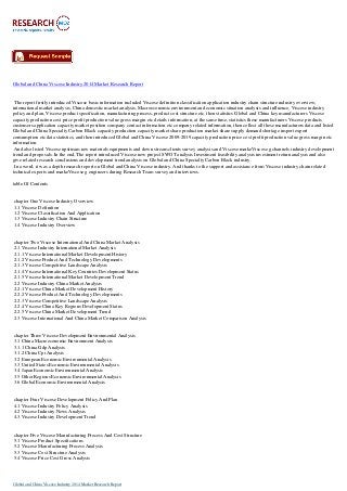 Global and China Viscose Industry 2014 Market Research Report
The report firstly introduced Viscose basic information included Viscose definition classification application industry chain structure industry overview;
international market analysis, China domestic market analysis, Macroeconomic environment and economic situation analysis and influence, Viscose industry
policy and plan, Viscose product specification, manufacturing process, product cost structure etc. then statistics Global and China key manufacturers Viscose
capacity production cost price profit production value gross margin etc details information, at the same time, statistics these manufacturers Viscose products
customers application capacity market position company contact information etc company related information, then collect all these manufacturers data and listed
Global and China Specialty Carbon Black capacity production capacity market share production market share supply demand shortage import export
consumption etc data statistics, and then introduced Global and China Viscose 2009-2019 capacity production price cost profit production value gross margin etc
information.
And also listed Viscose upstream raw materials equipments and down stream clients survey analysis and Viscose markeViscose g channels industry development
trend and proposals. In the end, The report introduced Viscose new project SWOT analysis Investment feasibility analysis investment return analysis and also
give related research conclusions and development trend analysis on Global and China Specialty Carbon Black industry.
In a word, it was a depth research report on Global and China Viscose industry. And thanks to the support and assistance from Viscose industry chain related
technical experts and markeViscose g engineers during Research Team survey and interviews.
table Of Contents
chapter One Viscose Industry Overview
1.1 Viscose Definition
1.2 Viscose Classification And Application
1.3 Viscose Industry Chain Structure
1.4 Viscose Industry Overview
chapter Two Viscose International And China Market Analysis
2.1 Viscose Industry International Market Analysis
2.1.1 Viscose International Market Development History
2.1.2 Viscose Product And Technology Developments
2.1.3 Viscose Competitive Landscape Analysis
2.1.4 Viscose International Key Countries Development Status
2.1.5 Viscose International Market Development Trend
2.2 Viscose Industry China Market Analysis
2.2.1 Viscose China Market Development History
2.2.2 Viscose Product And Technology Developments
2.2.3 Viscose Competitive Landscape Analysis
2.2.4 Viscose China Key Regions Development Status
2.2.5 Viscose China Market Development Trend
2.3 Viscose International And China Market Comparison Analysis
chapter Three Viscose Development Environmental Analysis
3.1 China Macroeconomic Environment Analysis
3.1.1 China Gdp Analysis
3.1.2 China Cpi Analysis
3.2 European Economic Environmental Analysis
3.3 United States Economic Environmental Analysis
3.4 Japan Economic Environmental Analysis
3.5 Other Regions Economic Environmental Analysis
3.6 Global Economic Environmental Analysis
chapter Four Viscose Development Policy And Plan
4.1 Viscose Industry Policy Analysis
4.2 Viscose Industry News Analysis
4.3 Viscose Industry Development Trend
chapter Five Viscose Manufacturing Process And Cost Structure
5.1 Viscose Product Specifications
5.2 Viscose Manufacturing Process Analysis
5.3 Viscose Cost Structure Analysis
5.4 Viscose Price Cost Gross Analysis
Global and China Viscose Industry 2014 Market Research Report
 