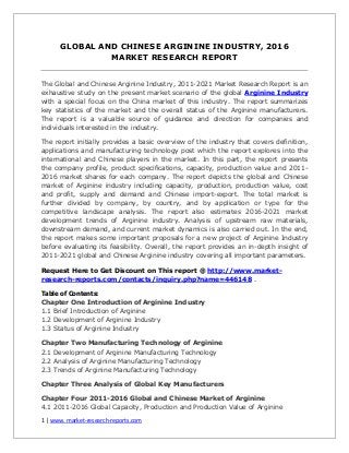 1 | www. market-research-reports.com
GLOBAL AND CHINESE ARGININE INDUSTRY, 2016
MARKET RESEARCH REPORT
The Global and Chinese Arginine Industry, 2011-2021 Market Research Report is an
exhaustive study on the present market scenario of the global Arginine Industry
with a special focus on the China market of this industry. The report summarizes
key statistics of the market and the overall status of the Arginine manufacturers.
The report is a valuable source of guidance and direction for companies and
individuals interested in the industry.
The report initially provides a basic overview of the industry that covers definition,
applications and manufacturing technology post which the report explores into the
international and Chinese players in the market. In this part, the report presents
the company profile, product specifications, capacity, production value and 2011-
2016 market shares for each company. The report depicts the global and Chinese
market of Arginine industry including capacity, production, production value, cost
and profit, supply and demand and Chinese import-export. The total market is
further divided by company, by country, and by application or type for the
competitive landscape analysis. The report also estimates 2016-2021 market
development trends of Arginine industry. Analysis of upstream raw materials,
downstream demand, and current market dynamics is also carried out. In the end,
the report makes some important proposals for a new project of Arginine Industry
before evaluating its feasibility. Overall, the report provides an in-depth insight of
2011-2021 global and Chinese Arginine industry covering all important parameters.
Request Here to Get Discount on This report @ http://www.market-
research-reports.com/contacts/inquiry.php?name=446148 .
Table of Contents:
Chapter One Introduction of Arginine Industry
1.1 Brief Introduction of Arginine
1.2 Development of Arginine Industry
1.3 Status of Arginine Industry
Chapter Two Manufacturing Technology of Arginine
2.1 Development of Arginine Manufacturing Technology
2.2 Analysis of Arginine Manufacturing Technology
2.3 Trends of Arginine Manufacturing Technology
Chapter Three Analysis of Global Key Manufacturers
Chapter Four 2011-2016 Global and Chinese Market of Arginine
4.1 2011-2016 Global Capacity, Production and Production Value of Arginine
 