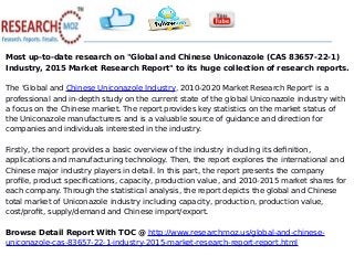 Most up-to-date research on "Global and Chinese Uniconazole (CAS 83657-22-1)
Industry, 2015 Market Research Report" to its huge collection of research reports.
The 'Global and Chinese Uniconazole Industry, 2010-2020 Market Research Report' is a
professional and in-depth study on the current state of the global Uniconazole industry with
a focus on the Chinese market. The report provides key statistics on the market status of
the Uniconazole manufacturers and is a valuable source of guidance and direction for
companies and individuals interested in the industry.
Firstly, the report provides a basic overview of the industry including its definition,
applications and manufacturing technology. Then, the report explores the international and
Chinese major industry players in detail. In this part, the report presents the company
profile, product specifications, capacity, production value, and 2010-2015 market shares for
each company. Through the statistical analysis, the report depicts the global and Chinese
total market of Uniconazole industry including capacity, production, production value,
cost/profit, supply/demand and Chinese import/export.
Browse Detail Report With TOC @ http://www.researchmoz.us/global-and-chinese-
uniconazole-cas-83657-22-1-industry-2015-market-research-report-report.html
 