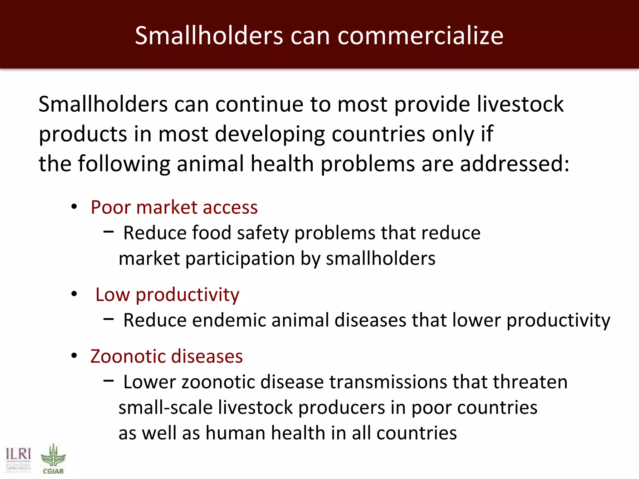 Smallholders can commercialize
Smallholders can continue to most provide livestock
products in most developing countries only if
the following animal health problems are addressed:
• Poor market access
− Reduce food safety problems that reduce
market participation by smallholders
• Low productivity
− Reduce endemic animal diseases that lower productivity
• Zoonotic diseases
− Lower zoonotic disease transmissions that threaten
small-scale livestock producers in poor countries
as well as human health in all countries

 