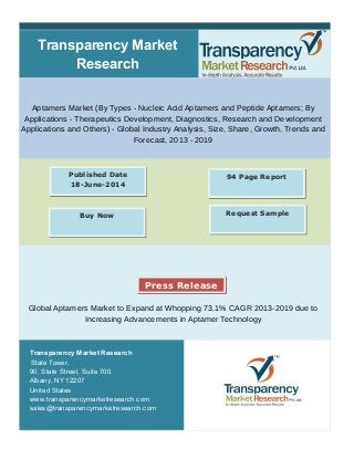 Transparency Market
Research
Aptamers Market (By Types - Nucleic Acid Aptamers and Peptide Aptamers; By
Applications - Therapeutics Development, Diagnostics, Research and Development
Applications and Others) - Global Industry Analysis, Size, Share, Growth, Trends and
Forecast, 2013 - 2019
Global Aptamers Market to Expand at Whopping 73.1% CAGR 2013-2019 due to
Increasing Advancements in Aptamer Technology
Transparency Market Research
State Tower,
90, State Street, Suite 700.
Albany, NY 12207
United States
www.transparencymarketresearch.com
sales@transparencymarketresearch.com
94 Page ReportPublished Date
18-June-2014
Request Sample
Press Release
Buy Now
 