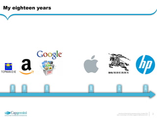 2012 
How do we architect for the connected economy 6 October 2014 
Arthur van den Boom | CTO Office | Capgemini Netherlands © 2014 
My eighteen years 
2002 
2007 
2014 
1996 
3 
1999 
 