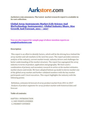 Aarkstore.com announces, The Latest market research report is available in
its vast collection:

Global Array Instruments Market (Life Science And
BioTechnology Instruments) - Global Industry Share, Size
Growth And Forecast, 2011 – 2017




You can also request for sample page of above mention reports on
sample@aarkstore.com


Description

 This report is an effort to identify factors, which will be the driving force behind the
array market and sub-markets in the next few years. The report provides extensive
analysis of the industry, current market trends, industry drivers and challenges for
better understanding of the market structure. The report has segregated the array
industry in terms of product, application and geography. We have used a
combination of primary and secondary research to arrive at the market estimates,
market shares and trends. We have adopted bottom up model to derive market size
of the global array market and further validated numbers with the key market
participants and C-level executives. This report highlights the industry with the
following points:

 Definition, estimates & forecast of array product market from 2011 to 2017
 Analysis of product segments for array product market with historical data and
forecast

Table of contents:

HAPTER 1 INTRODUCTION
1.1 KEY POINTS COVERED
1.2 MARKET COVERED
 
