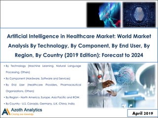 • By Technology (Machine Learning, Natural Language
Processing, Others)
• By Component (Hardware, Software and Services)
• By End User (Healthcare Providers, Pharmaceutical
Organizations, Others)
• By Region - North America, Europe, Asia Pacific and ROW.
• By Country - U.S, Canada, Germany, U.K, China, India.
April 2019
Artificial Intelligence in Healthcare Market: World Market
Analysis By Technology, By Component, By End User, By
Region, By Country (2019 Edition): Forecast to 2024
1
 