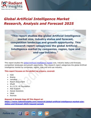Follow Us:
Global Artificial Intelligence Market
Research, Analysis and Forecast 2025
This report studies the global Artificial Intelligence market size, industry status and forecast,
competition landscape and growth opportunity. This research report categorizes the global Artificial
Intelligence market by companies, region, type and end-use industry.
This report focuses on the global top players, covered:
 H2O
 Braina
 nanoRep
 Reach Accountant
 IPsoft
 A.L.I.C.E. AI Foundation
 Ada Support
 Astute Solutions
 Ideal
 Axonize
Request A Sample Copy Of This Report at:
https://www.radiantinsights.com/research/global-artificial-intelligence-market-size-
status-and-forecast-2025/request-sample
“This report studies the global Artificial Intelligence
market size, industry status and forecast,
competition landscape and growth opportunity. This
research report categorizes the global Artificial
Intelligence market by companies, region, type and
end-use industry.”
 