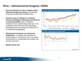 80
90
100
110
120
jan-14 feb-14 mar-14 apr-14 maj-14 jun-14 jul-14 aug-14
MSCI Tillväxtmarknader Världen Kina
Kina – stimulanserna fungerar, hittills
• Kina har hämtat in en del av tappet relativt
tillväxtmarknader på sistone, och speciellt
under juli på bättre PMI och BNP-siffror.
• Primärt är det en reflektion av starkare
inhemsk efterfrågan vilket pekar på att det är
en stimulanseffekt. Även om ledande
indikatorer är på cykliskt höga nivåer ser vi inte
att tillväxten ökar nämnvärt. Det långsiktiga
perspektivet har inte ändrats och ekonomin är i
en strukturell övergångsfas.
• Stimulanserna fungerar och ekonomin
stabiliseras. Vi vet dock inte kvaliteten på
investeringarna i infrastruktur och vi ser också
att beroendet av investeringar och krediter inte
minskar nämnvärt.
• Behåll neutral vikt.
Kina har hämtat hem försprånget för väst/tillväxtmarknader
Bra PMI är ingen garanti för högre tillväxt
Källa: Thomson Reuters
Källa: Bloomberg
27
 