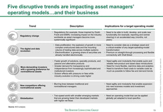 13
Copyright©2014byTheBostonConsultingGroup,Inc.Allrightsreserved.
Five disruptive trends are impacting asset managers’
op...