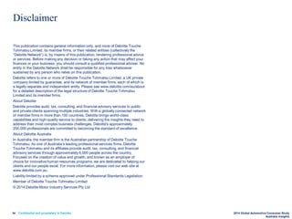 Confidential and proprietary to Deloitte 2014 Global Automotive Consumer Study
Australia Insights
Disclaimer
This publication contains general information only, and none of Deloitte Touche
Tohmatsu Limited, its member firms, or their related entities (collectively the
“Deloitte Network”) is, by means of this publication, rendering professional advice
or services. Before making any decision or taking any action that may affect your
finances or your business, you should consult a qualified professional adviser. No
entity in the Deloitte Network shall be responsible for any loss whatsoever
sustained by any person who relies on this publication.
Deloitte refers to one or more of Deloitte Touche Tohmatsu Limited, a UK private
company limited by guarantee, and its network of member firms, each of which is
a legally separate and independent entity. Please see www.deloitte.com/au/about
for a detailed description of the legal structure of Deloitte Touche Tohmatsu
Limited and its member firms.
About Deloitte
Deloitte provides audit, tax, consulting, and financial advisory services to public
and private clients spanning multiple industries. With a globally connected network
of member firms in more than 150 countries, Deloitte brings world-class
capabilities and high-quality service to clients, delivering the insights they need to
address their most complex business challenges. Deloitte's approximately
200,000 professionals are committed to becoming the standard of excellence.
About Deloitte Australia
In Australia, the member firm is the Australian partnership of Deloitte Touche
Tohmatsu. As one of Australia’s leading professional services firms. Deloitte
Touche Tohmatsu and its affiliates provide audit, tax, consulting, and financial
advisory services through approximately 6,000 people across the country.
Focused on the creation of value and growth, and known as an employer of
choice for innovative human resources programs, we are dedicated to helping our
clients and our people excel. For more information, please visit our web site at
www.deloitte.com.au.
Liability limited by a scheme approved under Professional Standards Legislation.
Member of Deloitte Touche Tohmatsu Limited
© 2014 Deloitte Motor Industry Services Pty Ltd
34
 