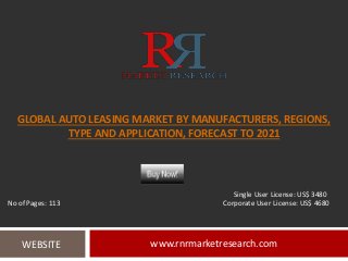 GLOBAL AUTO LEASING MARKET BY MANUFACTURERS, REGIONS,
TYPE AND APPLICATION, FORECAST TO 2021
www.rnrmarketresearch.comWEBSITE
Single User License: US$ 3480
No of Pages: 113 Corporate User License: US$ 4680
 